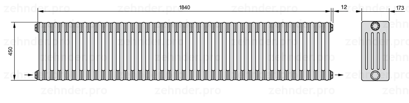 Схема (чертеж) Радиатор Zehnder Charleston 5045/40 №2670 Белый глянцевый RAL 9016